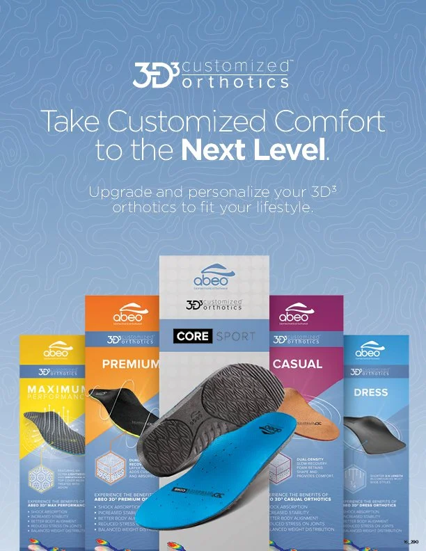 Advertisement for 3D customized orthotics, offering different types like core sport, premium, casual, and dress, with an image of various orthotic models.