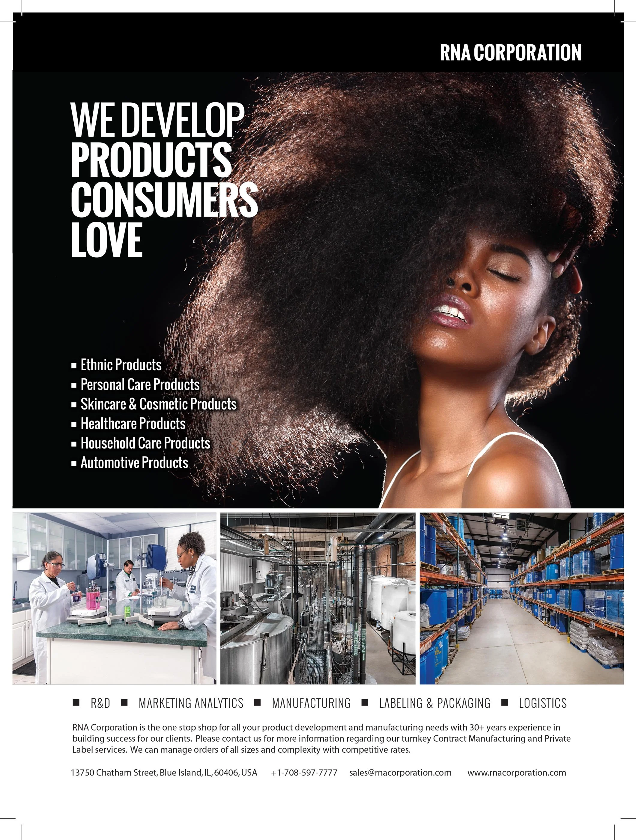 A promotional brochure for RNA Corporation, showcasing a woman with large curly hair on the cover, along with images of a laboratory, manufacturing equipment, and warehouse, highlighting product development, manufacturing, and logistics services.