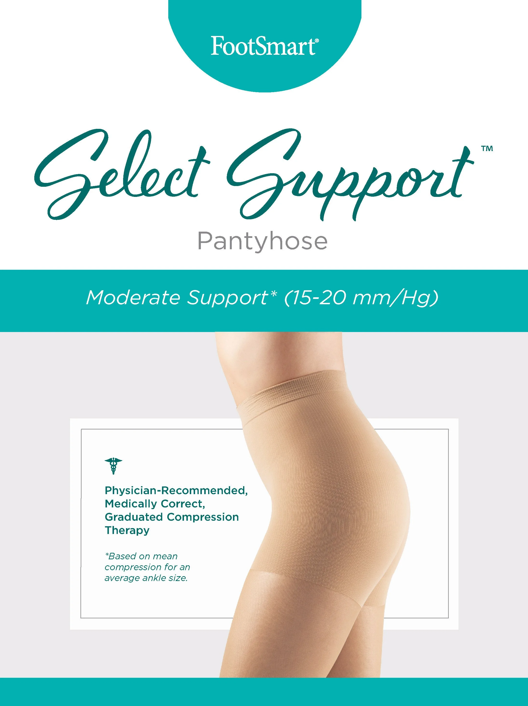Packaging of FootSmart Select Support Pantyhose with a beige pantyhose on a woman's legs, labeled as providing moderate support (15-20 mm/Hg), with the description emphasizing physician-recommended and medically correct graduated compression therapy.