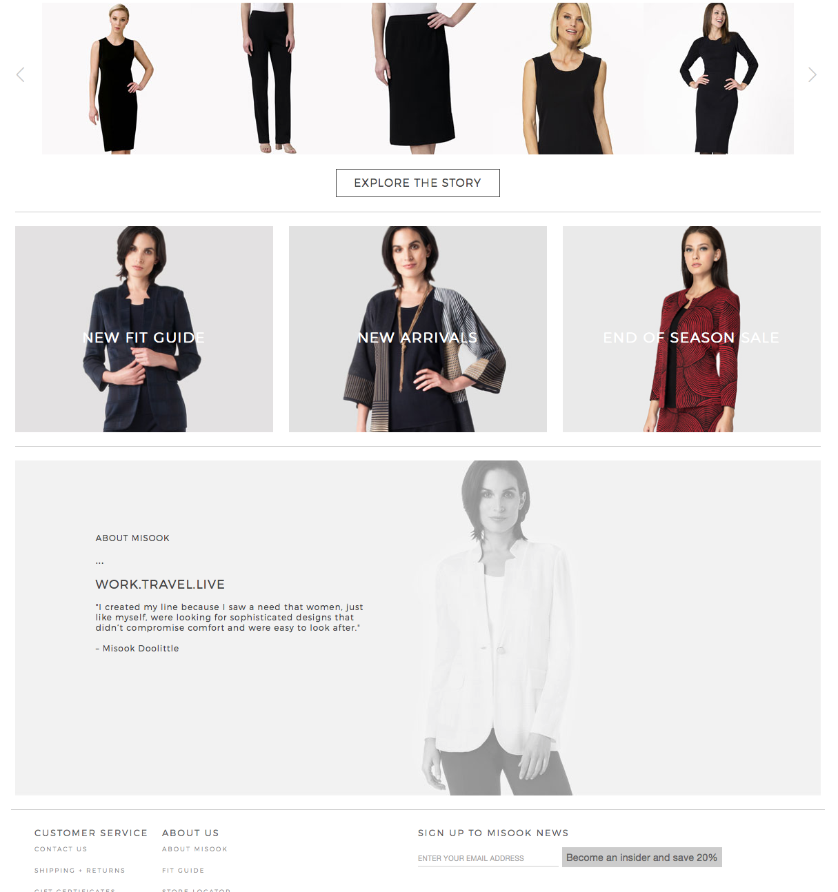Fashion website homepage featuring models in sophisticated black and patterned outfits, with sections for new fit guides, new arrivals, and end of season sale, along with brand information and newsletter sign-up.