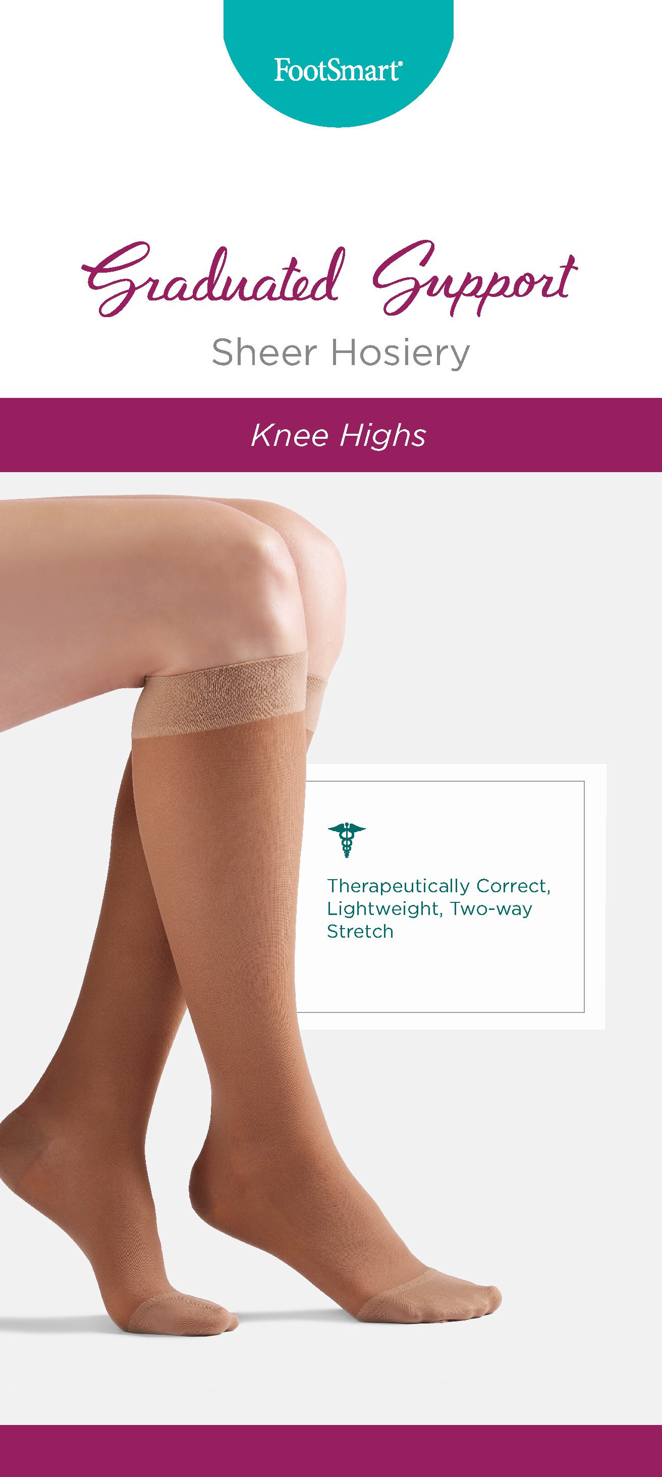 Packaging for FootSmart. Sheer knee-high hosiery labeled as graduated support and sheer hosiery, designed for therapeutic, lightweight, two-way stretch, shown on a model's legs.