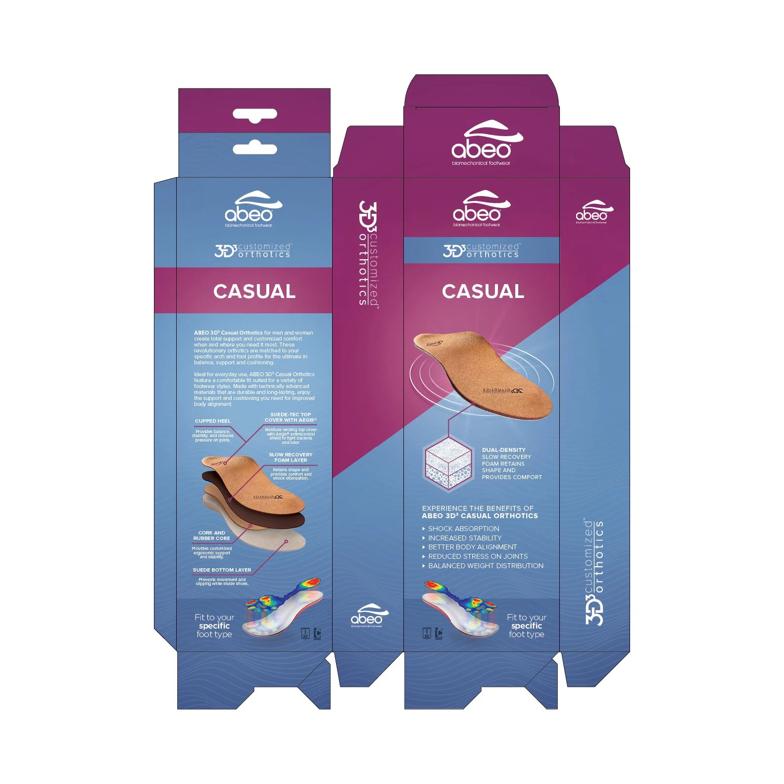 Packaging box for Abeo casual orthotic insoles, featuring blue and purple colors, illustrations of the insole design, and text highlighting features like shock absorption, stability, and comfort.