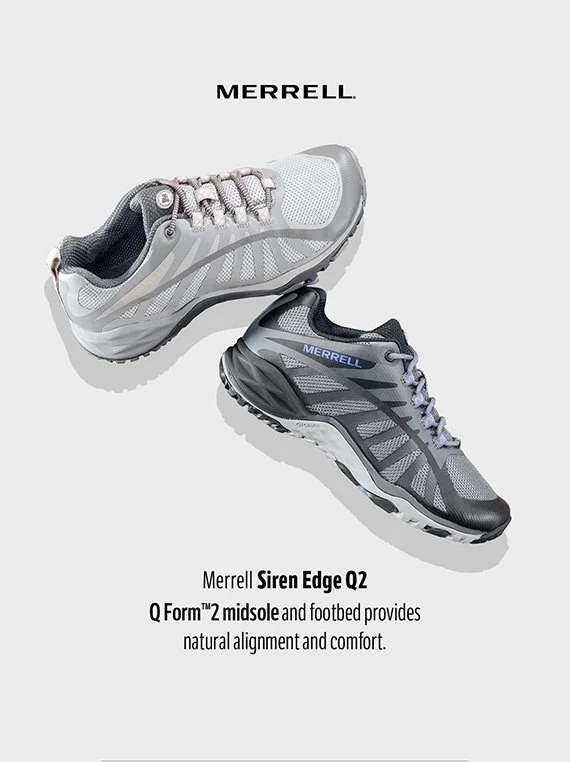 Gray and black Merrell Siren Edge Q2 athletic shoes, displayed with one shoe lying flat and the other tilted. The shoes are designed for running or walking, with breathable mesh and supportive midsoles.