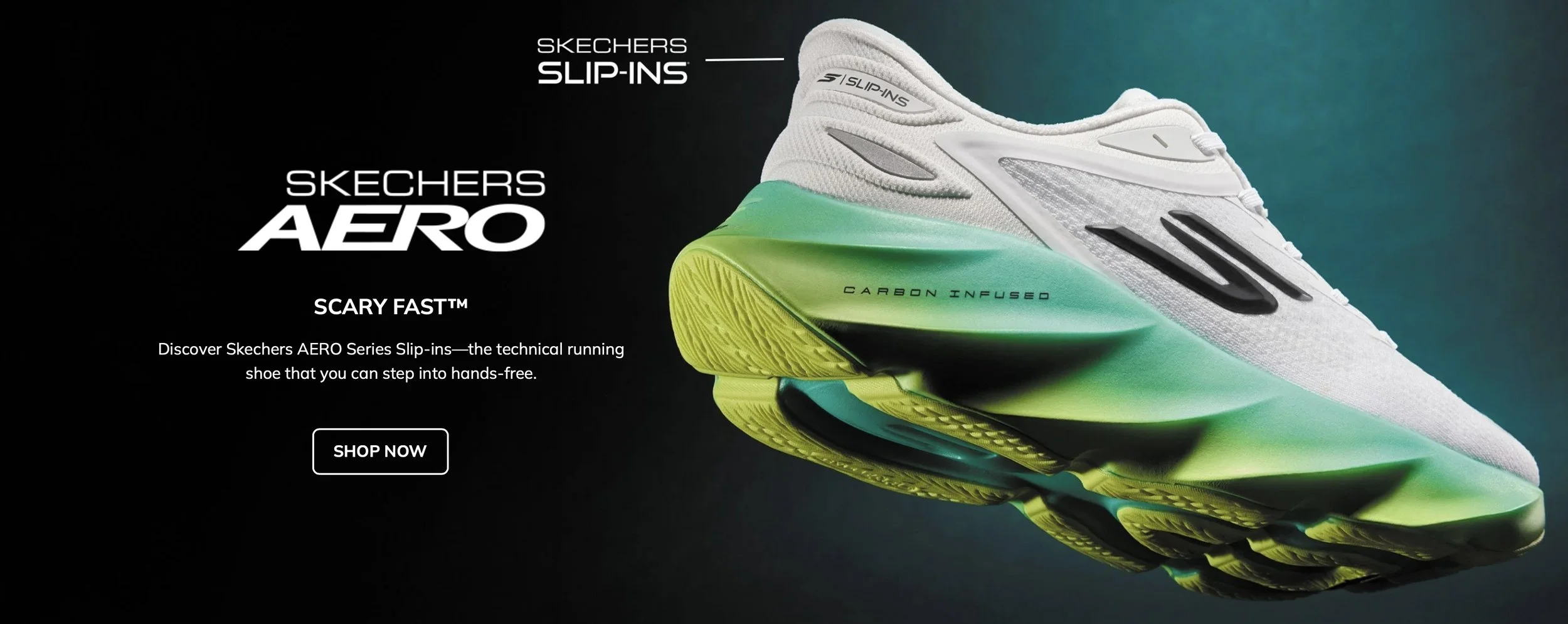 A  series slip-in running shoe with a white upper and a green and black sole, displayed against a gradient background from dark to teal, with text highlighting features and a shop now button.