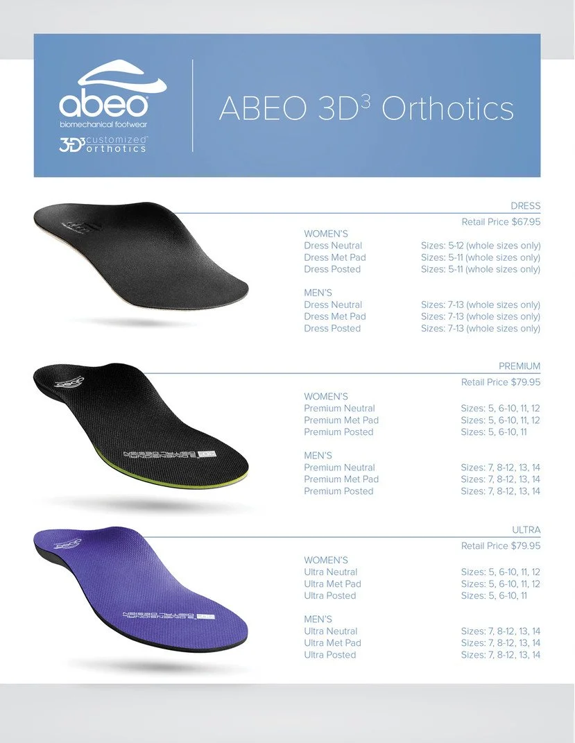 Product catalog for ABOE 3D orthotic footwear featuring three models with different colors and specifications: a black barefoot style, a black with green lining, and a purple with black sole, each with sizing details for women and men.