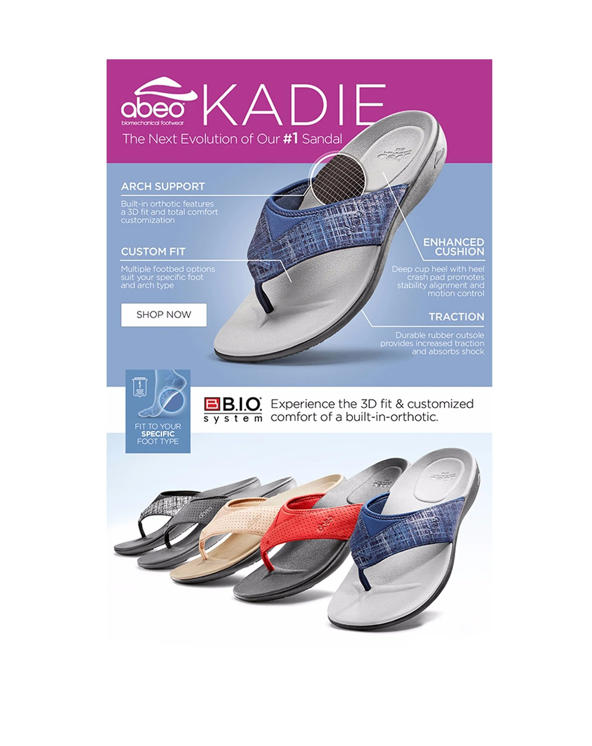 Advertisement for Abeo Kadie orthopedic sandals showcasing features like arch support, custom fit, enhanced cushion, and traction. Different color options of sandals are displayed at the bottom.