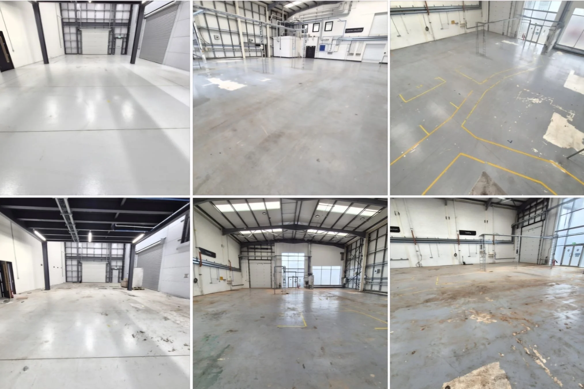 Collage of six empty indoor commercial garage or warehouse spaces with concrete floors and high ceilings, showing various areas including loading bays, storage sections, and open workspaces.