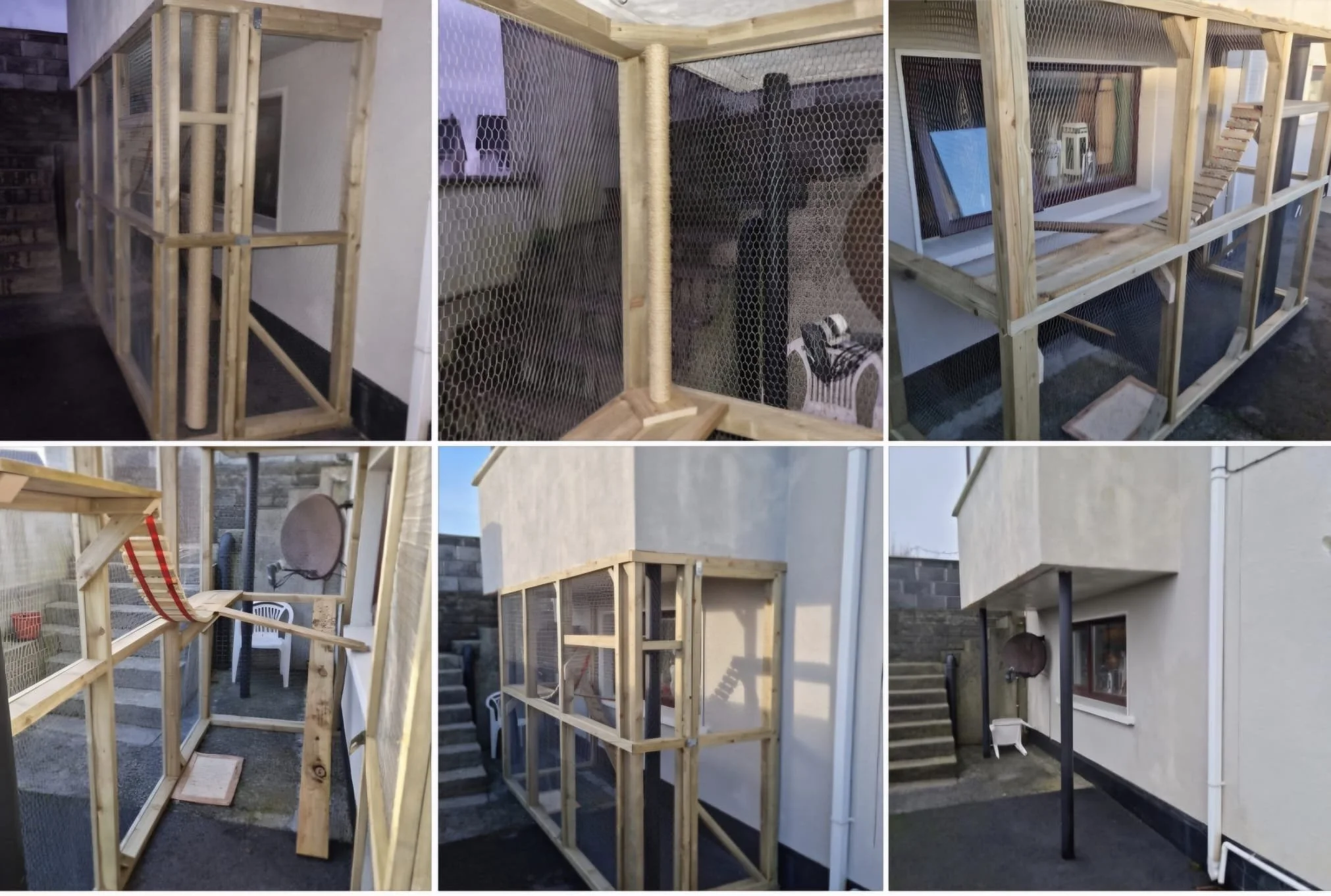 Progress photos of building a wooden outdoor enclosure with mesh sides, steps, and a small roofed area, attached to a house with steps leading to a door.