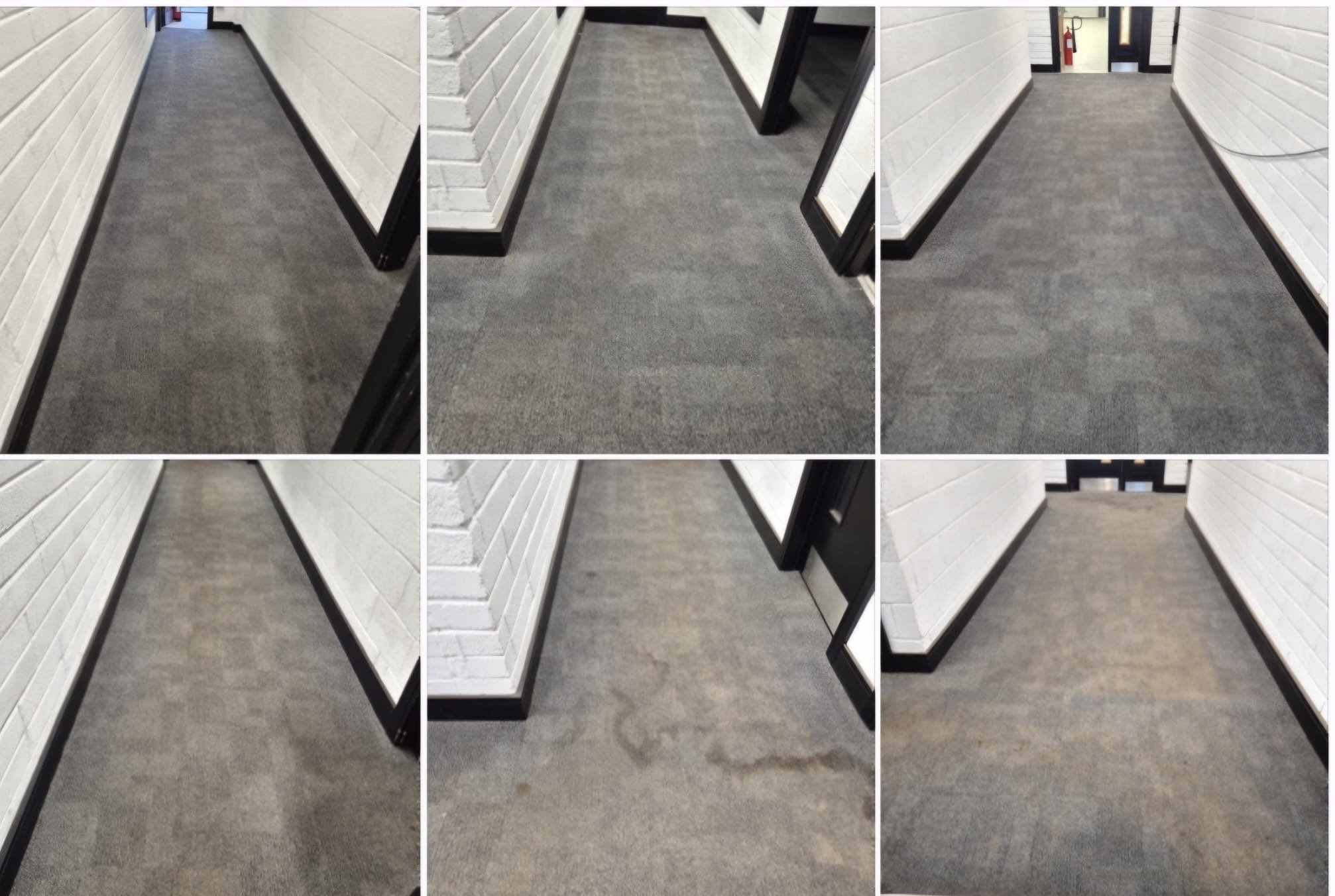 Six images of hallway carpets showing different stains and cleaning conditions.