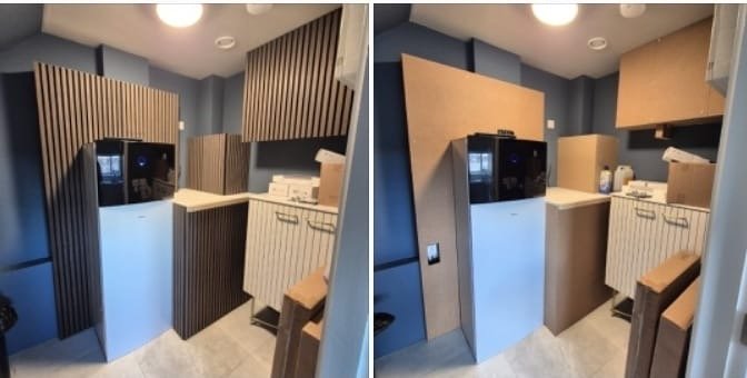 Side-by-side comparison of kitchen cabinet installation: left shows the cabinets with vertical stripe wood paneling, right shows the same cabinets with plain plywood panels.
