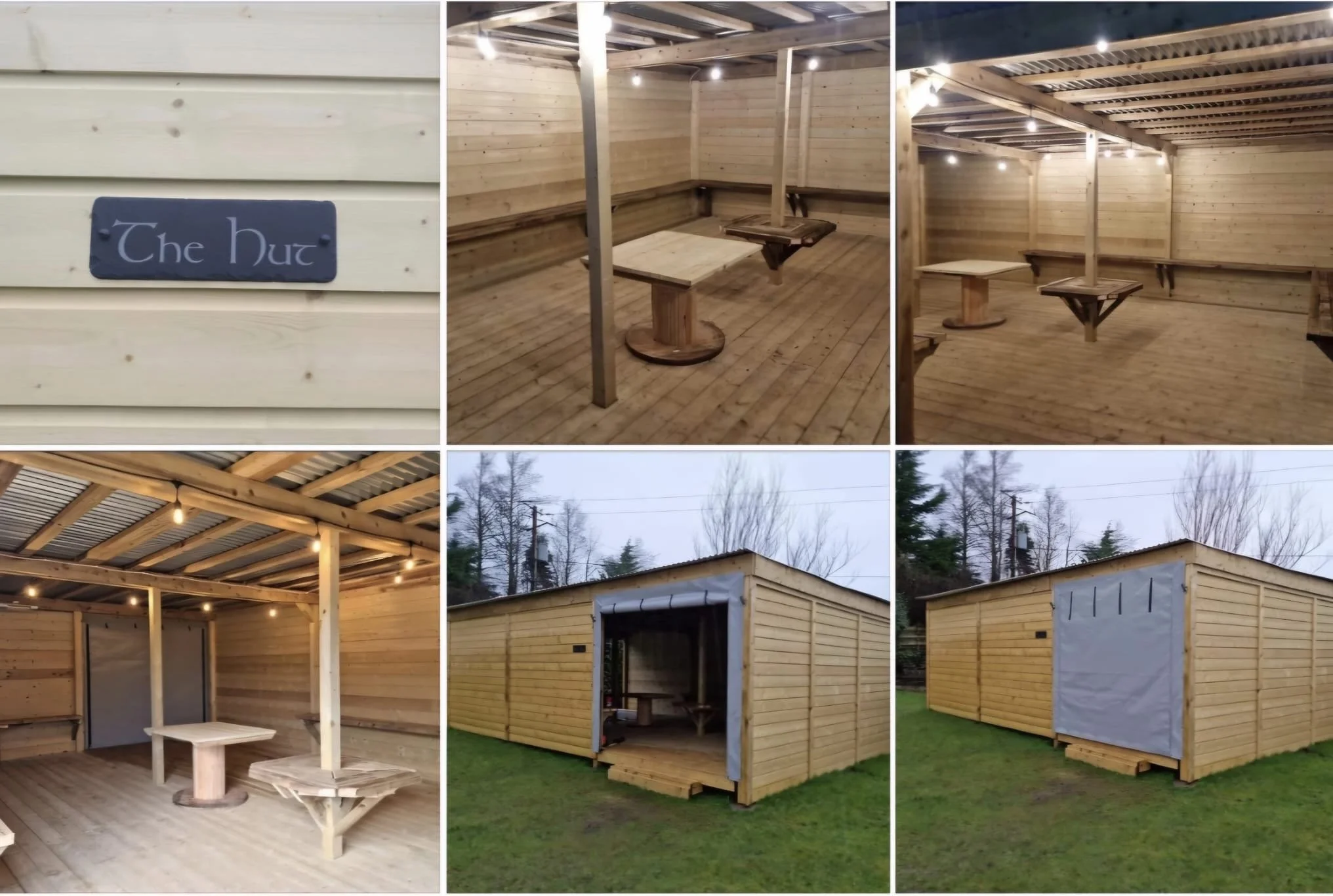 A collage of six photos showing a newly built wooden outdoor hut and interior. The first photo shows a sign that reads "The Hut." The second and third photos display the interior with wooden walls, floors, and tables, some suspended from the ceiling.