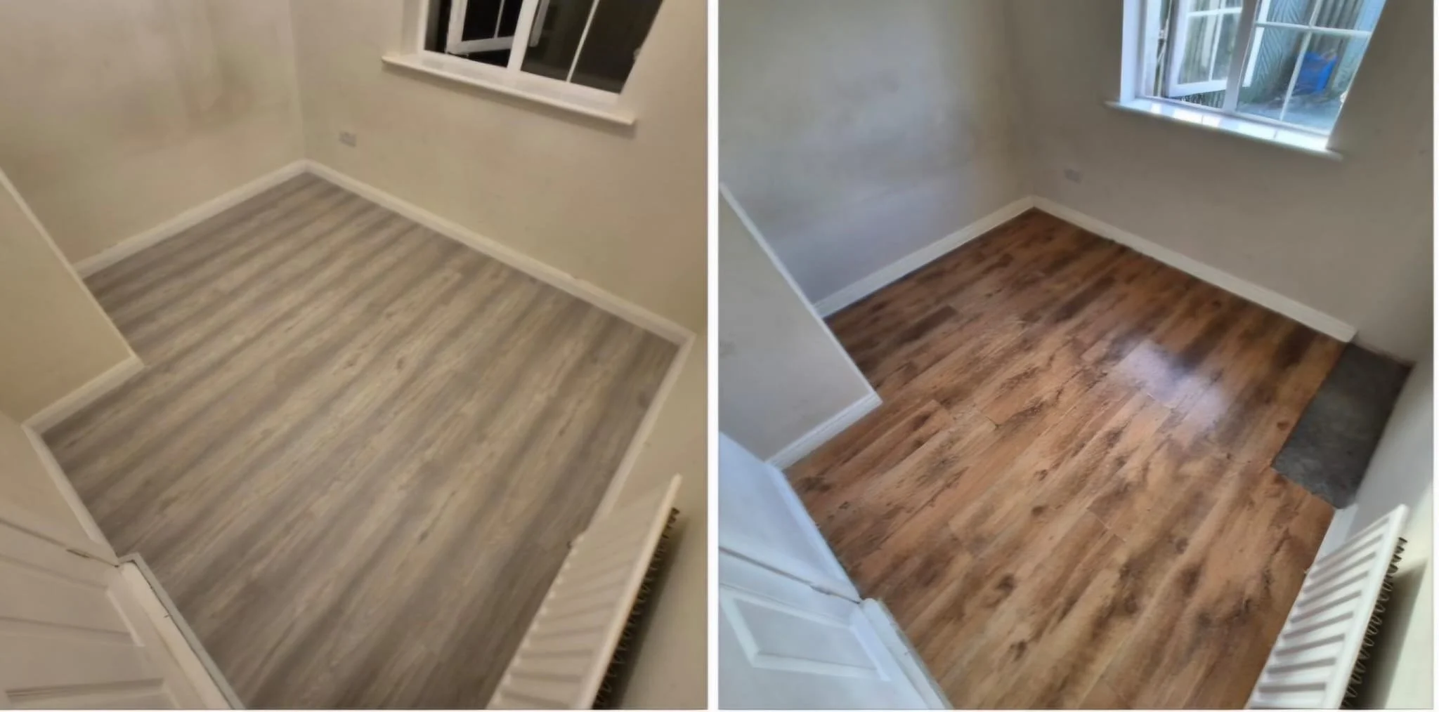 Comparison of two room photos showing different flooring; the left has light gray wood laminate, the right has medium brown wood flooring.