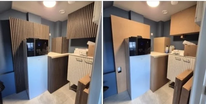 Side-by-side comparison of two angles of a modern kitchen corner with custom wooden paneling and cabinetry, including a water cooler or filtration system on a white counter.