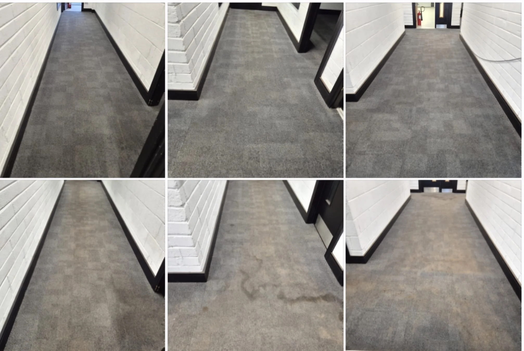 Collage of six images showing a hallway with white brick walls and a gray carpeted floor from different angles.