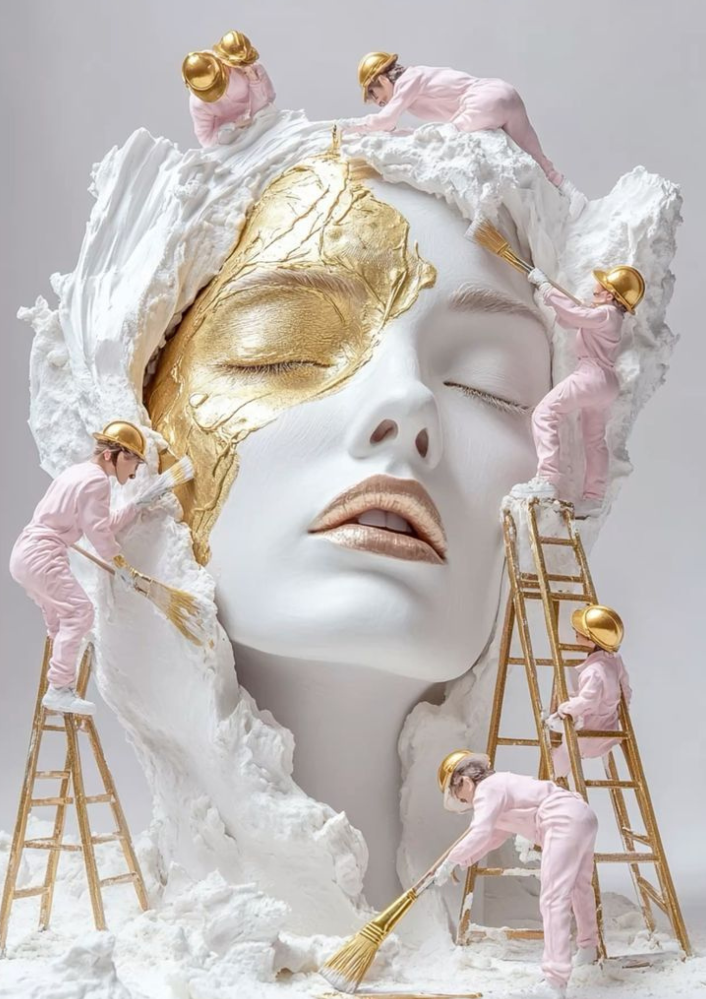 Künstler arrangieren eine riesige Skulptur eines Gesichts mit weißen und goldenen Details, während mehrere Menschen in pinken Kleidung und goldenen Helmen es mit Reinigungswerkzeugen bearbeiten.