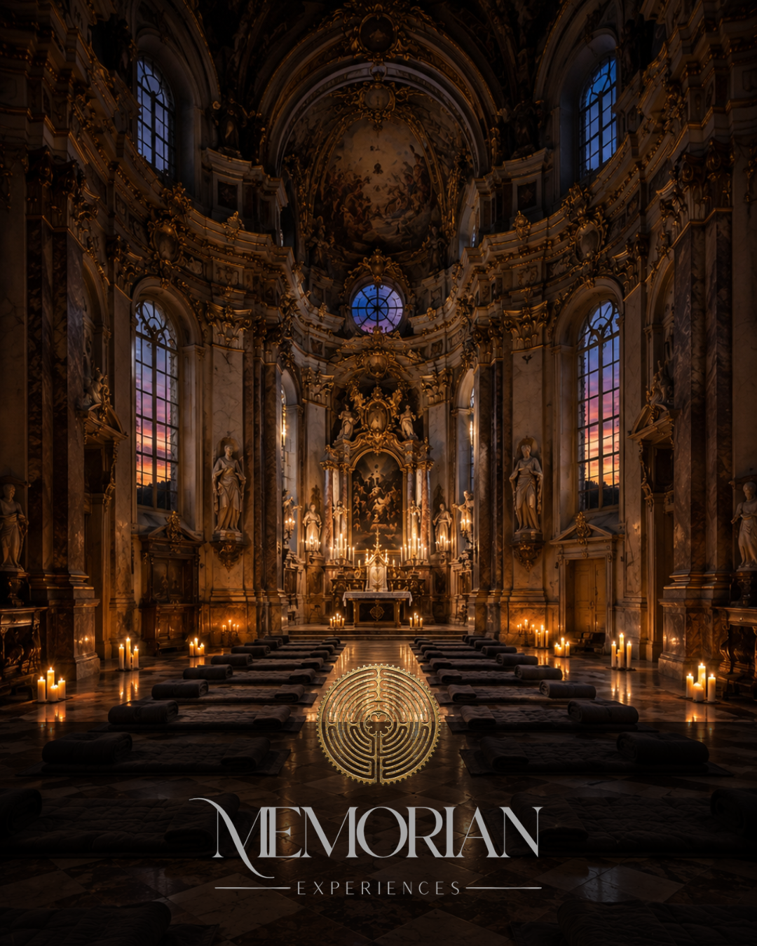 Innenansicht einer barocken Kirche mit hohen Fenstern, zahlreichen Kerzen, einer Altar mit Goldverzierung und einem Himmel bei Sonnenuntergang durch die Fenster. Das Logo "Memorian Experiences" im Vordergrund.