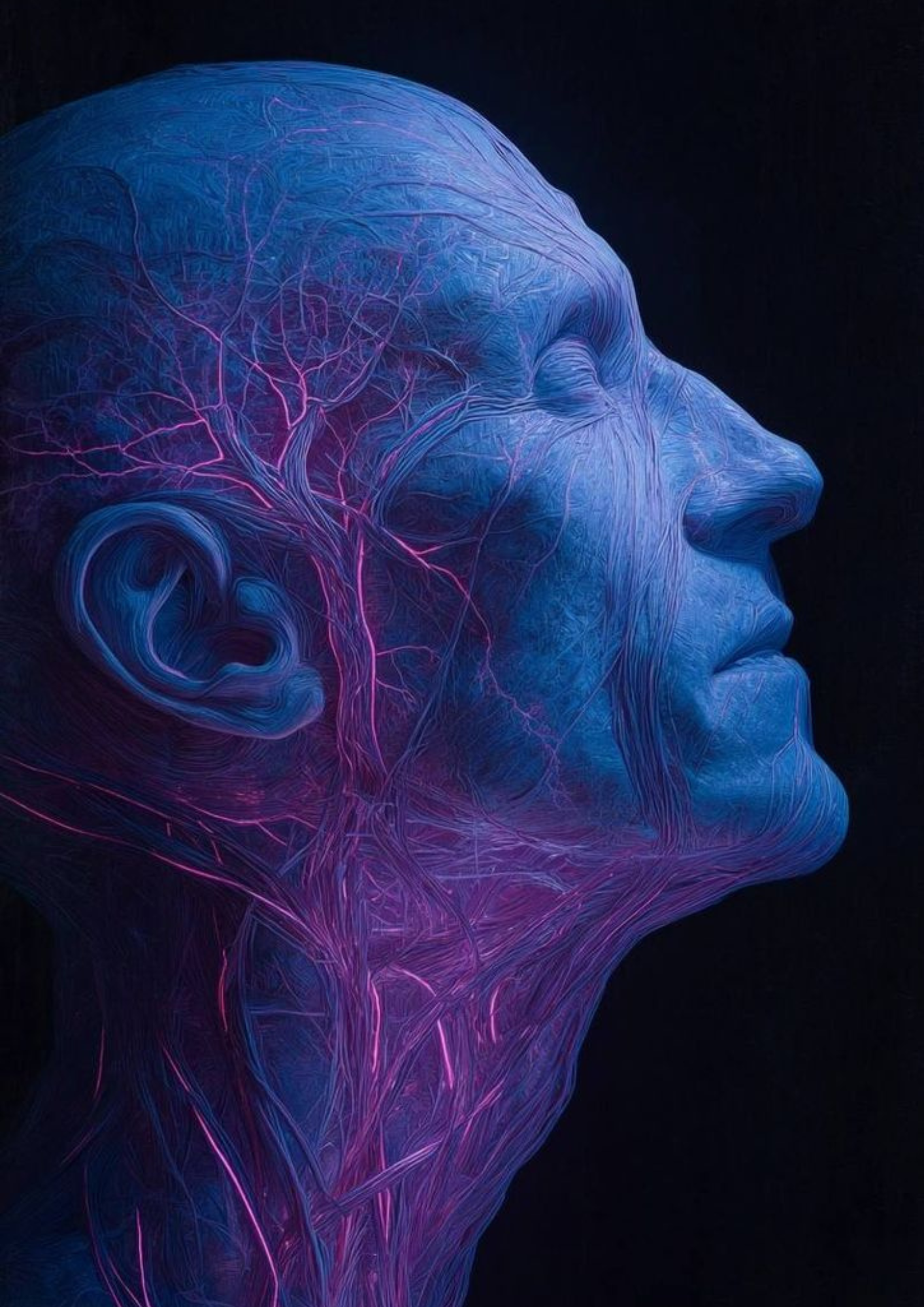Digitales Kunstbild eines menschlichen Kopfes in Profilansicht, bestehend aus blauen und lilafarbenen Linien, die die Gehirn- und Nervenstrukturen darstellen.