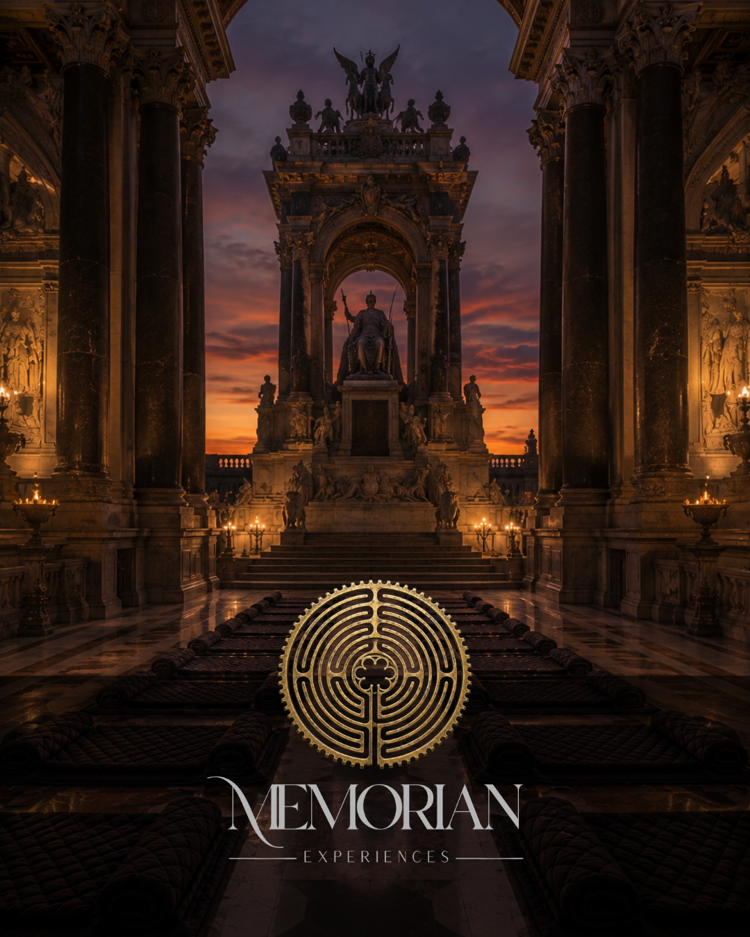 Historische, prunkvolle prägenden Atmosphäre mit einer beeindruckenden Statue im Inneren eines Palastes bei Sonnenuntergang, mit dem Logo von Nemorian Experiences im Vordergrund.