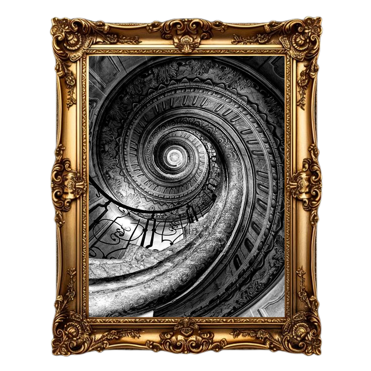 Ein spiralförmiger Blick in einen alten, kunstvoll verzierten Treppenaufgang, eingerahmt von einem goldenen Rahmen.