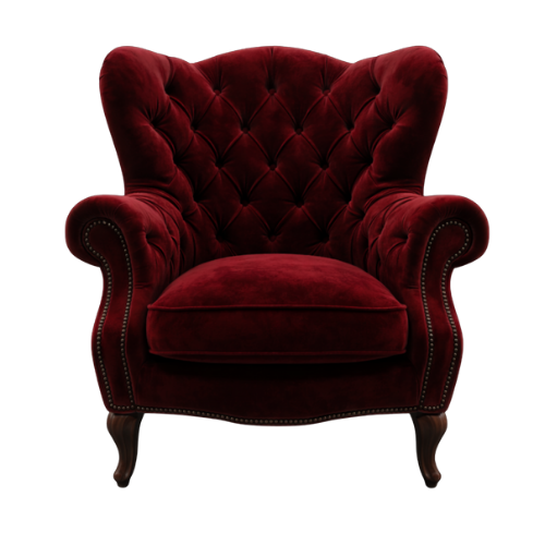 Ein roter, gepolsterter Sessel im viktorianischen Stil mit Armlehnen und Holzbeinen