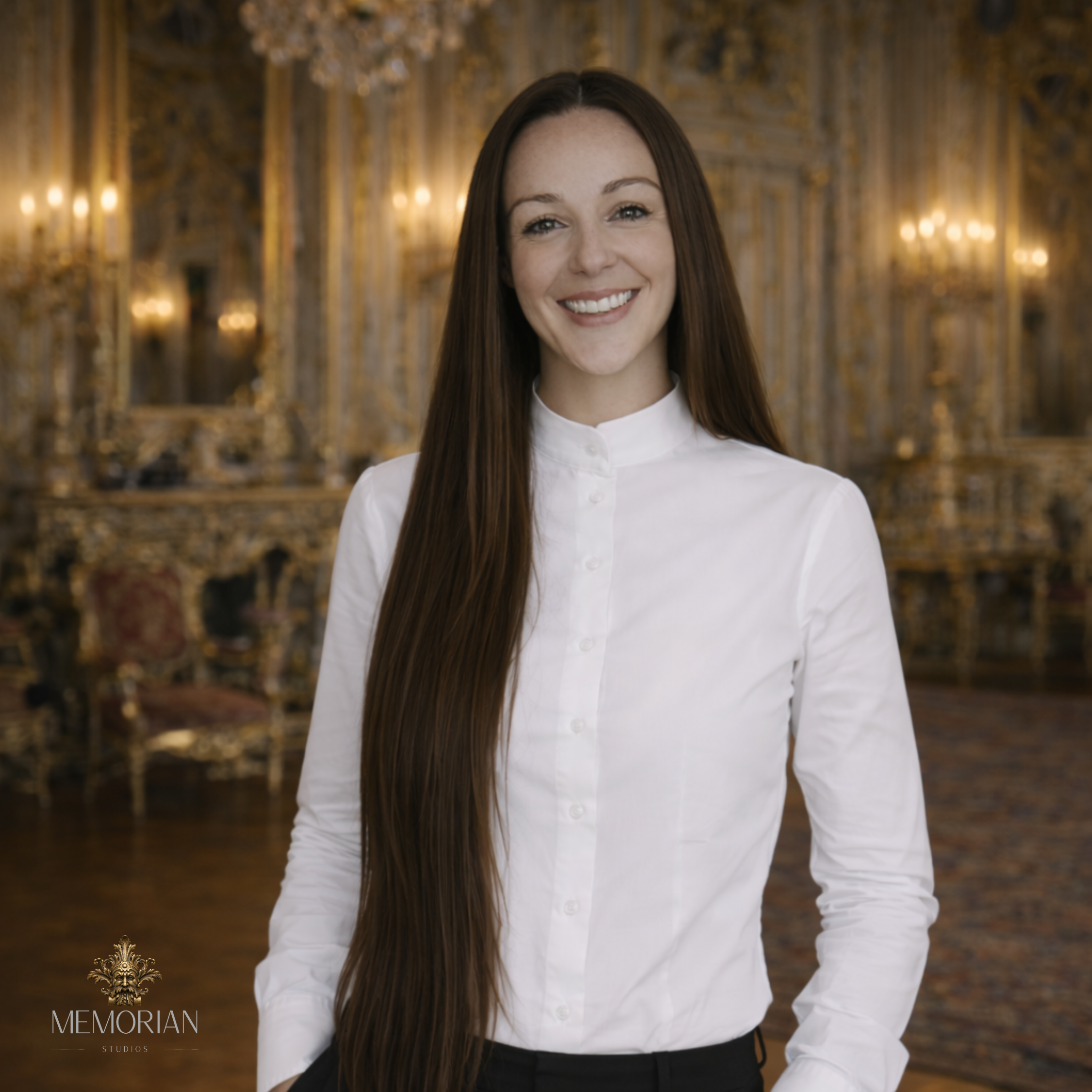 Ein junges Mädchen mit langem braunem Haar, das in einem eleganten Raum mit goldenen Dekorationen lächelt.