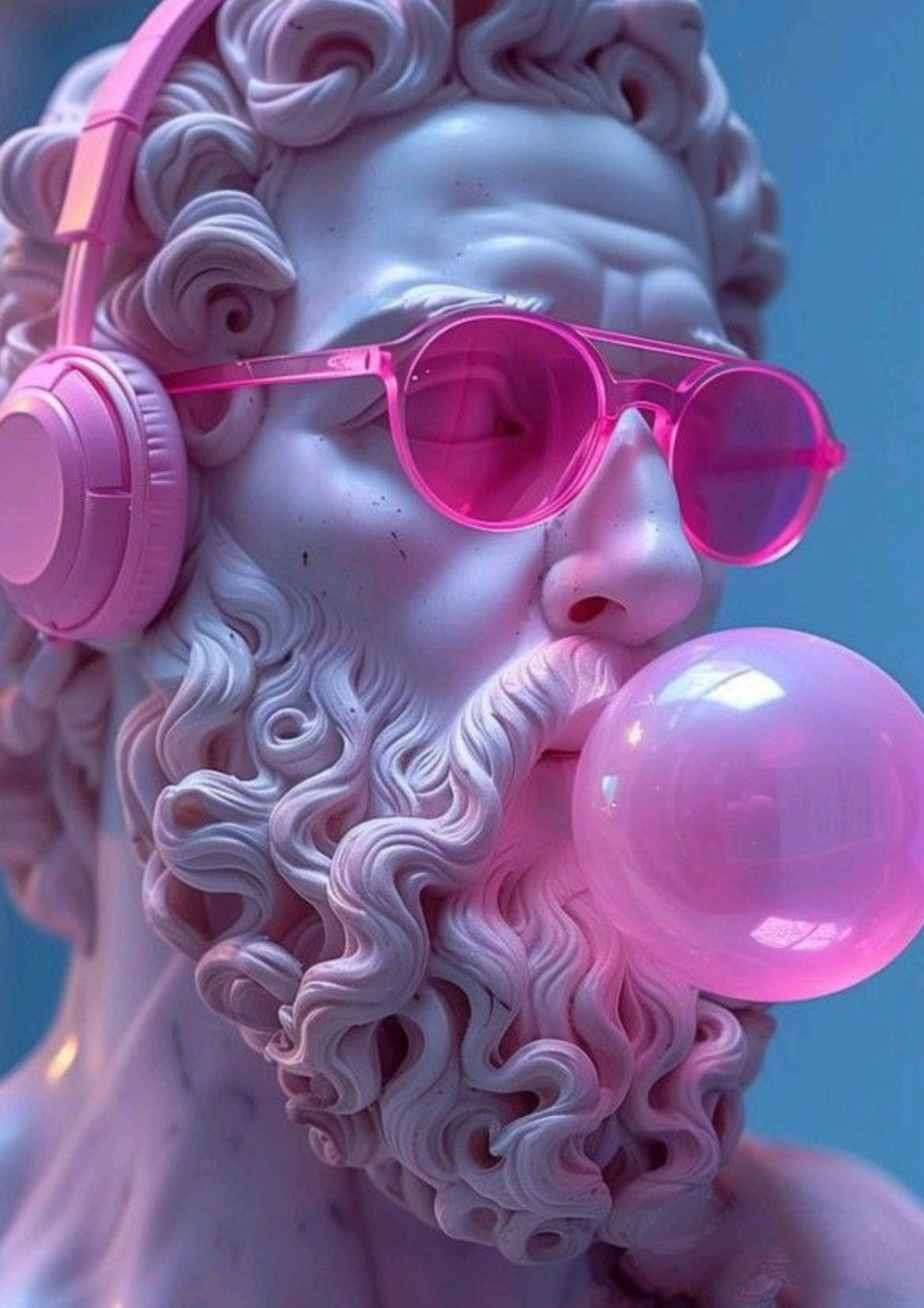 Nahaufnahme eines klassischen griechischen Marmorkopfs mit Locken, trägt pinke Sonnenbrille und Kopfhörer, bebidauslagende weißes Strauß, leuchtende Farben, moderne Ästhetik.