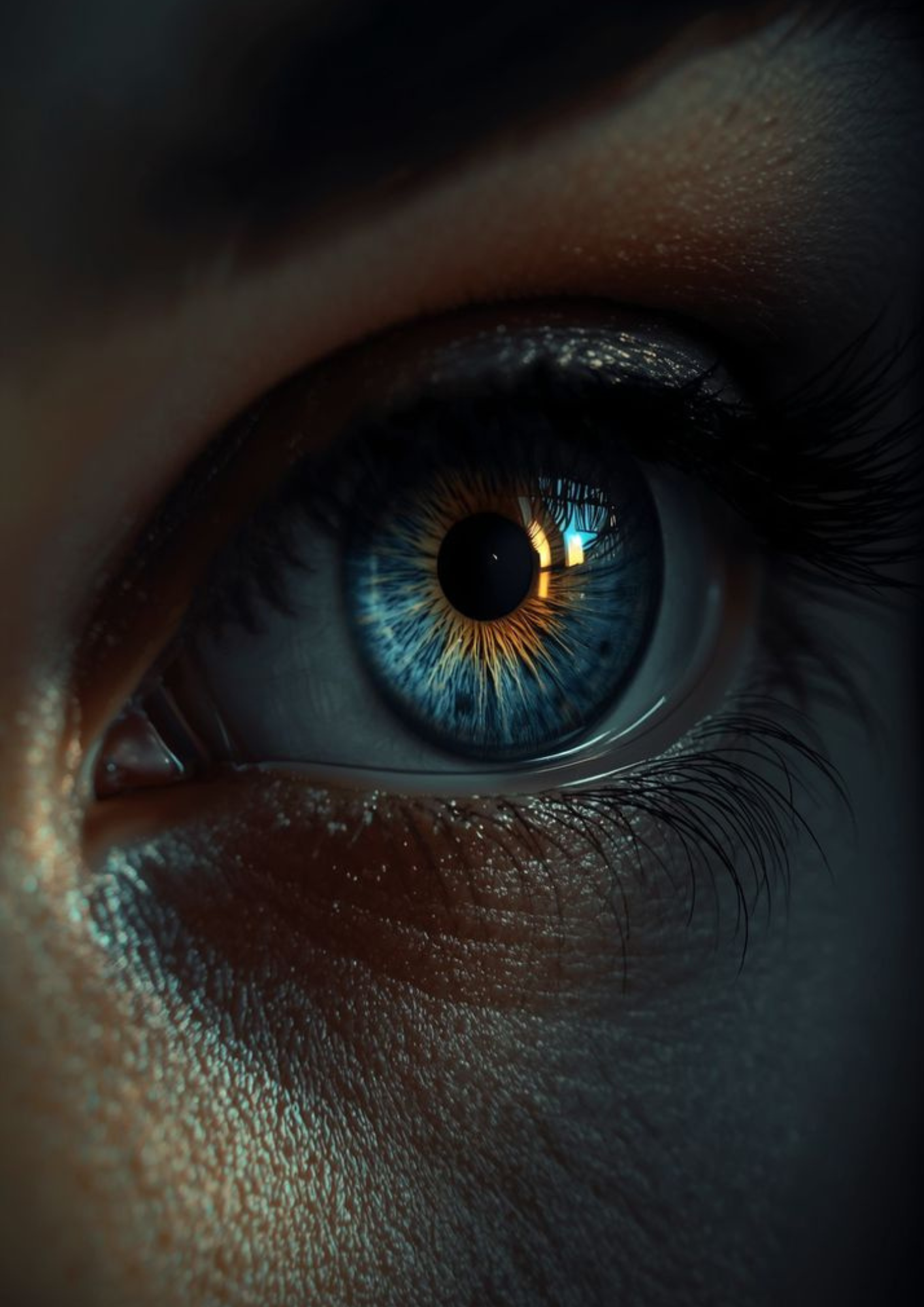 Nahaufnahme eines menschlichen Auges mit blauer Iris und schwarzen Pupille, reflektierende Lichtpunkte auf der Iris, umgeben von dunklen Wimpern und Haut.
