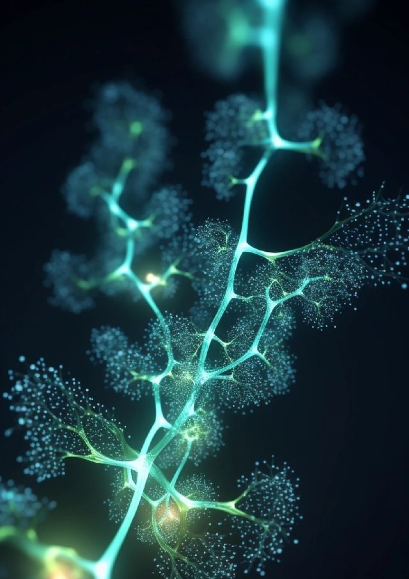Leuchtende, abstrakte neuronale Netzwerke oder elektrische Verbindungen in Neonfarben auf dunklem Hintergrund