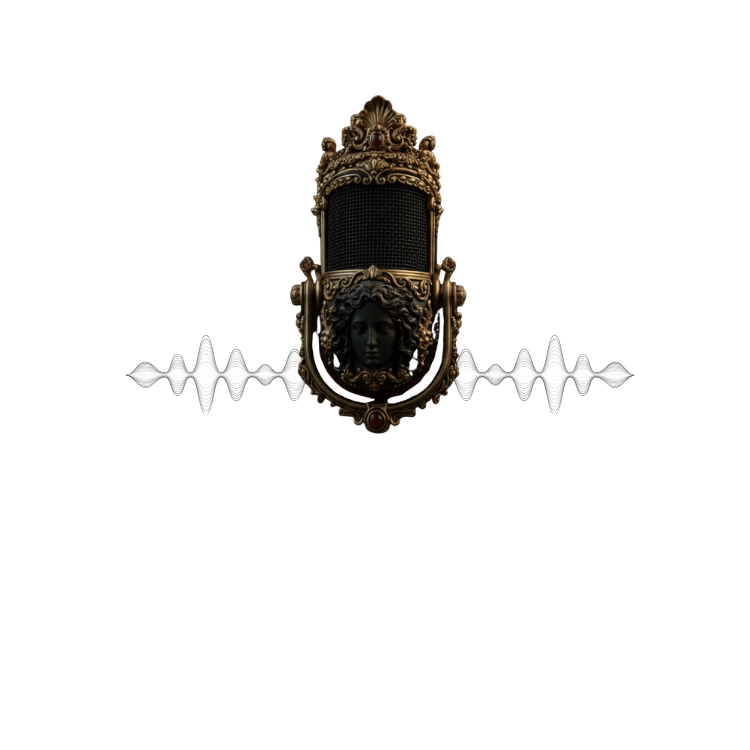 Ein antikes, kunstvolles Mikrofon mit einem Medusa-Kopf-Design vor einem schwarzen Hintergrund, darunter eine weiße Tonwellen-Grafik und deutsche Schrift.