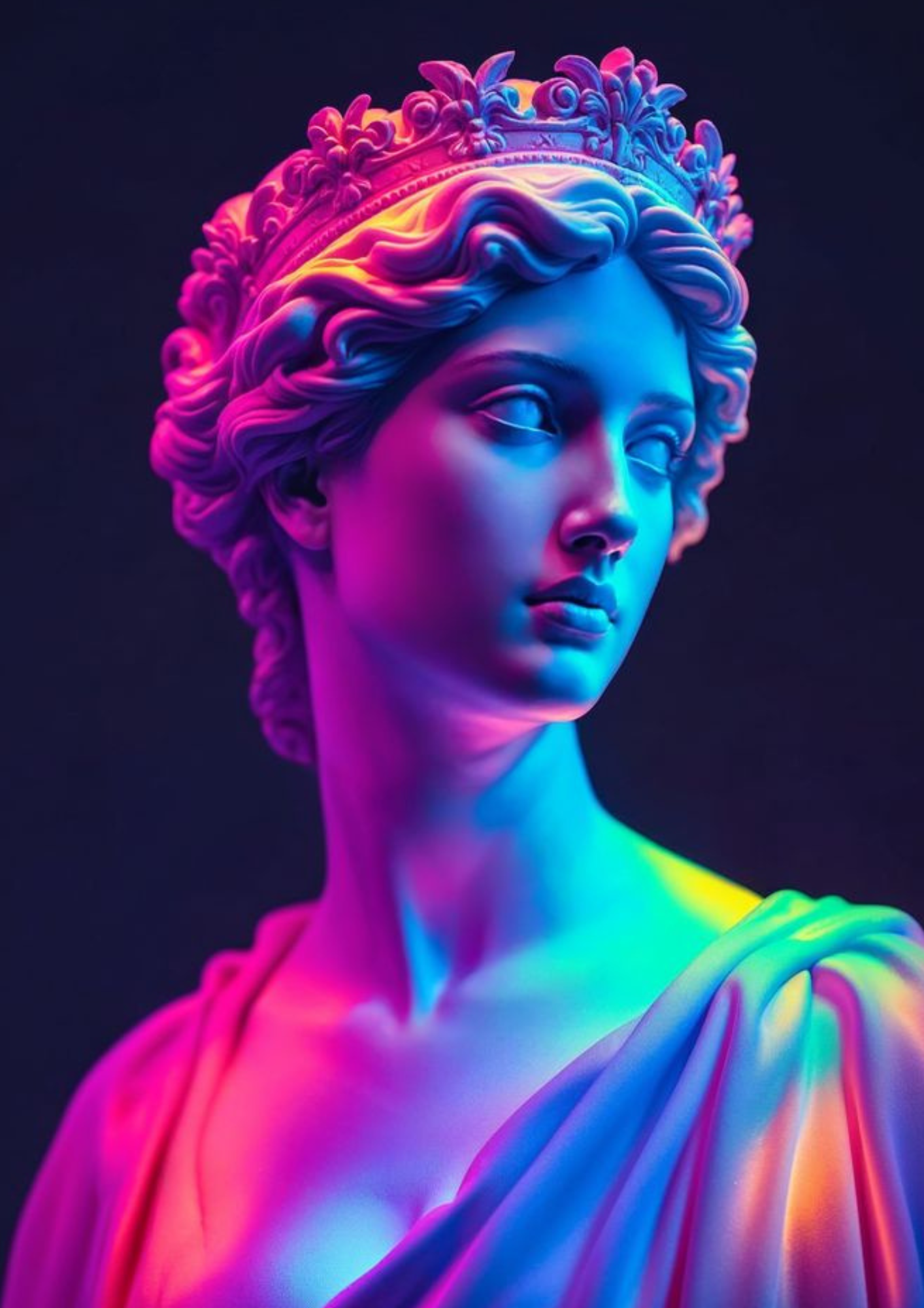 Nur Kopf einer klassischen Statue, beleuchtet mit Neonlichtern in Blau, Pink, Gelb und Grün.