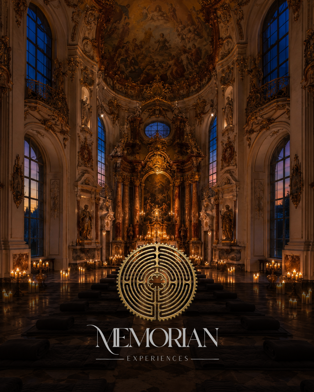 Barocke Inneneinrichtung mit Kerzen, großen Fenstern und einer Altar-ähnlichen Struktur im Zentrum, das Logo von MEMORIAN EXPERIENCES im Vordergrund.