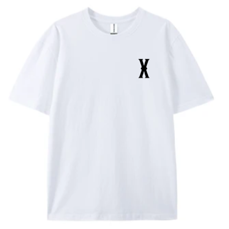 Front of white t shirt featuring the Crossbar X in small on left breast area