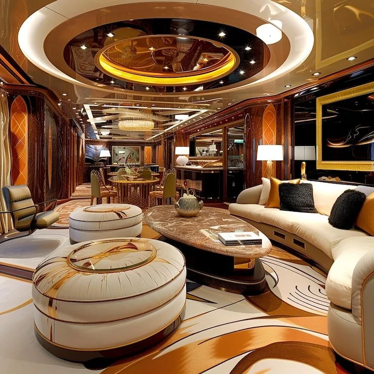 Luxurious hotel lounge with curved cream-colored sofas, round ottomans, a marble coffee table, and elegant lighting fixtures, including a large ceiling light and wall sconces.