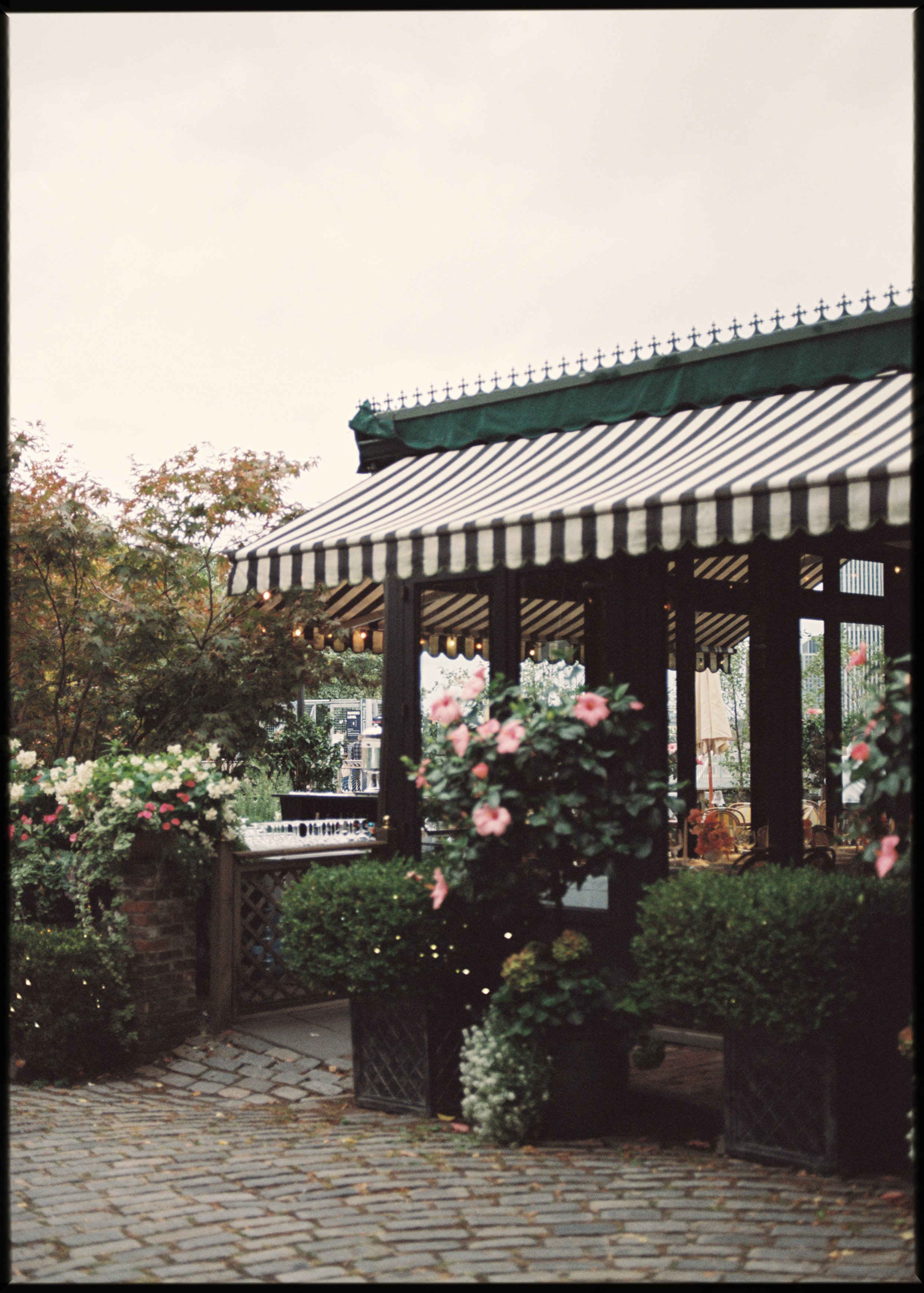 Outdoor patio with striped canopy and awning, surrounded by flowering plants and greenery, on a cobblestone pathway.