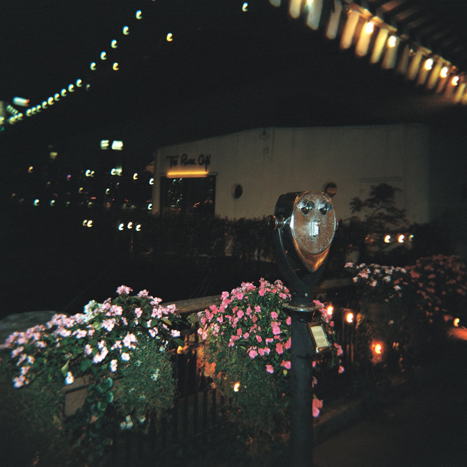 Nighttime scene showing a coin-operated binocular viewer next to pink and purple flowers, a fence, and a building with bright lights and a sign that reads 'The Blue Cafe'.