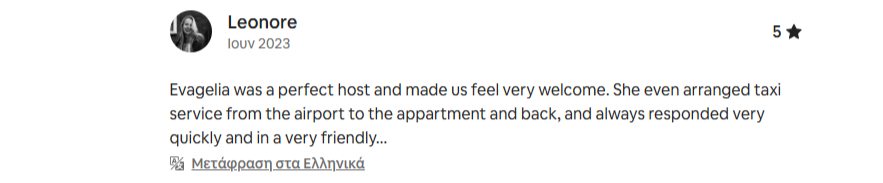 Screenshot of a review mentioning Evangelia as a perfect host who arranged taxi service from the airport to the apartment and responded quickly.