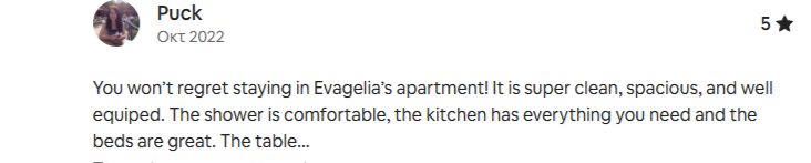 Screenshot of a review titled 'Puck' written in October 2022, praising Evangelia's apartment for being clean, spacious, well-equipped, with a comfortable shower, fully equipped kitchen, and great beds.