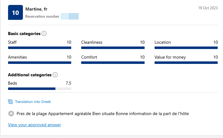 eview details for Martine, France, dated October 19, 2023. Ratings include  Cleanliness, Location, Amenities, Comfort, and Value for money, all rated 10/10, and Beds rated 7.5/10. Additional comments are in French and English, praising the pleasant a