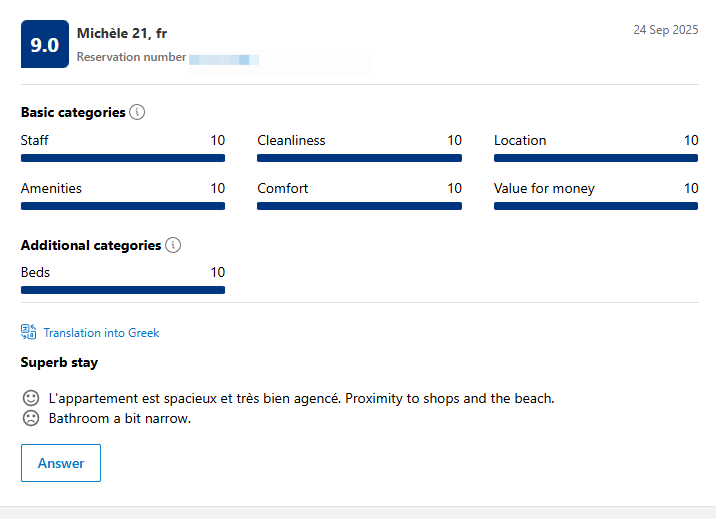 Screenshot of a hotel review for Michele, detailing ratings in categories such as staff, cleanliness, location, amenities, comfort, value for money, and Beds, all rated 10. The review mentions a spacious and well-organized apartment, proximity to sho