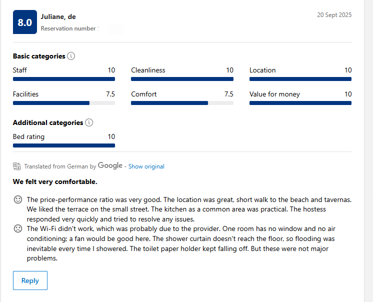 Screenshot of a  review rating sheet with overall score of 8.0, and detailed ratings for staff, cleanliness, location, facilities, comfort, value for money, and bed rating.