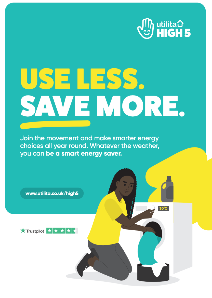 Illustration of a person putting laundry into a washing machine, with a bottle of detergent on top. The background features a teal color with text promoting energy savings and a Trustpilot rating.