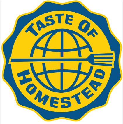 Logo with a yellow background, blue border, and blue text saying 'Taste of Homestead,' featuring a globe with an arrow through it. Homestead High School Fort Wayne, Indiana Taste of Homestead
