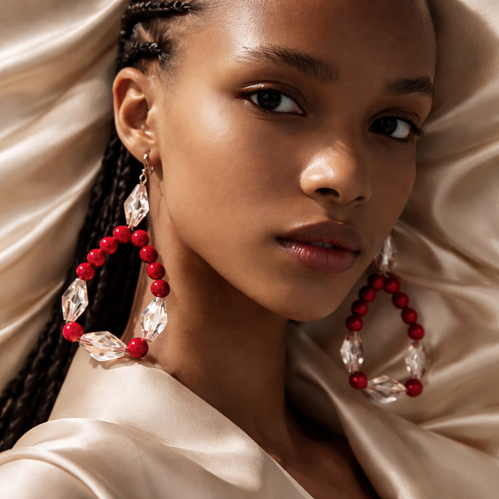 A woman with braided hair wearing large red and clear statement earrings and a satin garment.
