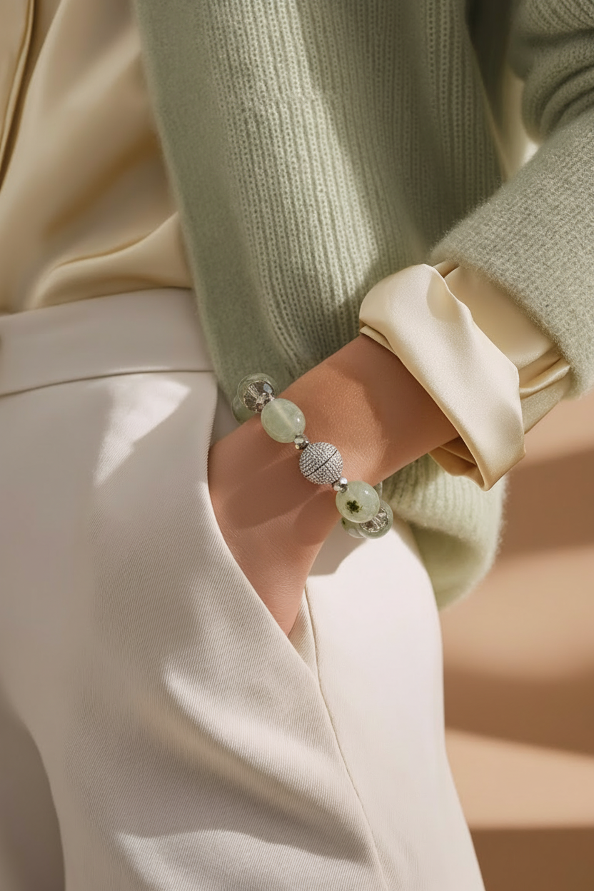 Person wearing a green sweater, cream satin blouse, beige trousers, and a beaded bracelet with large green beads and sparkly silver accents.