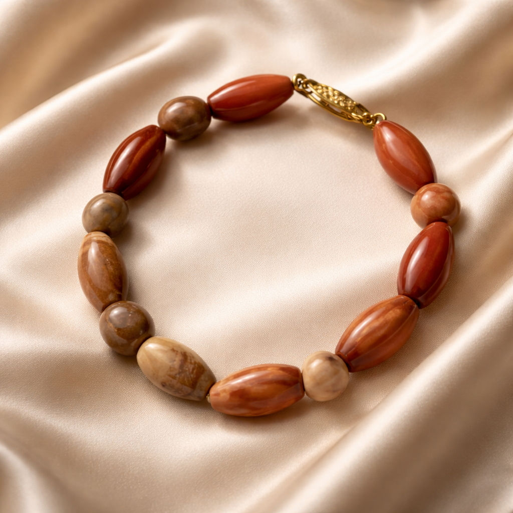 Beaded necklace with oval and round beads in red, brown, and beige, resting on cream-colored satin fabric.