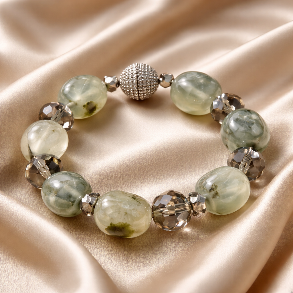 Elegant bracelet with large jade beads, smoky quartz beads, and a sparkly, spherical clasp on satin fabric.