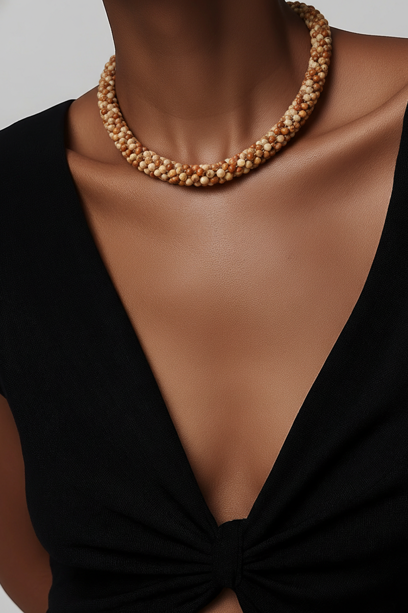 Close-up of a woman's neck and chest wearing a pearl necklace and a black V-neck dress.