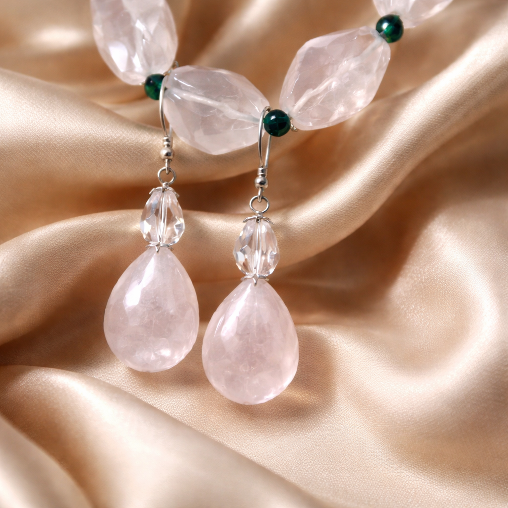 Elegant pink and clear gemstone earrings with large teardrop-shaped stones, displayed on a soft silk fabric.