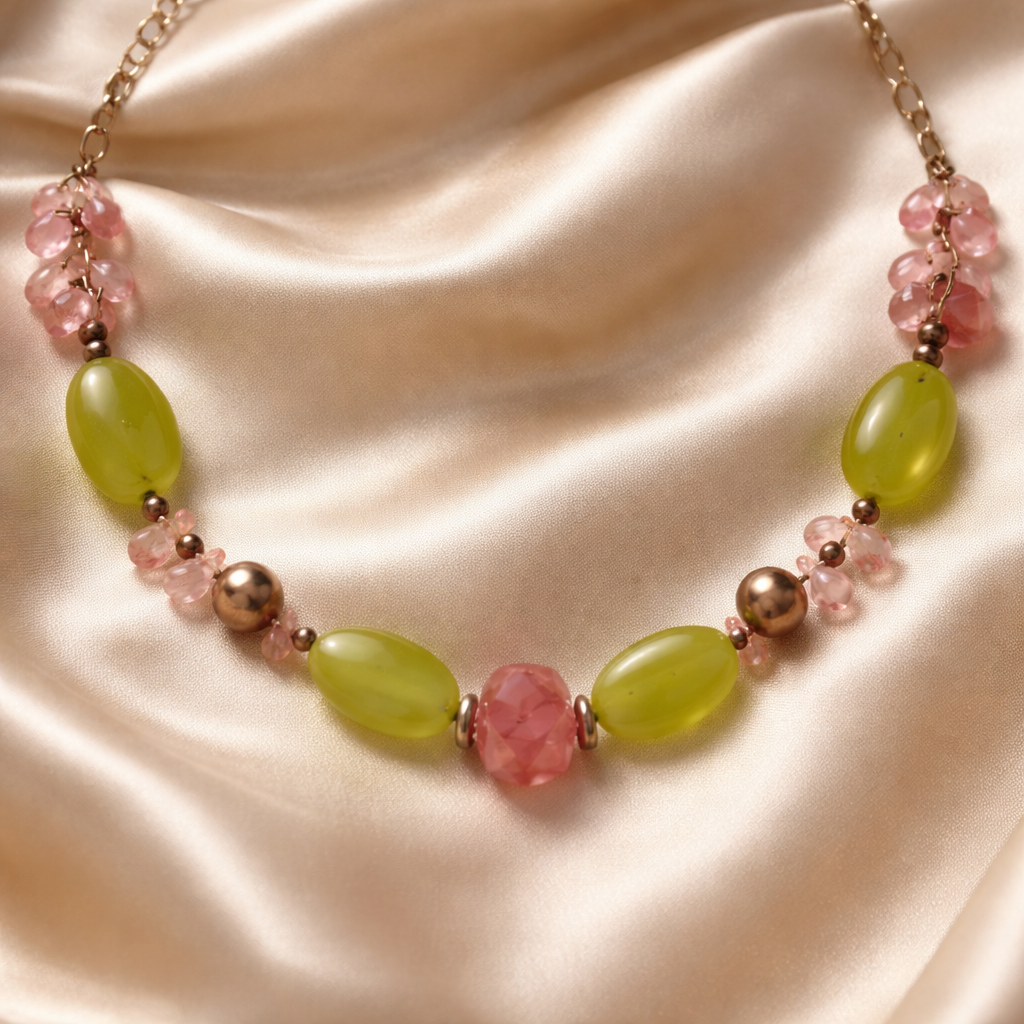 A necklace with pink, green, and metallic beads displayed on satin fabric.