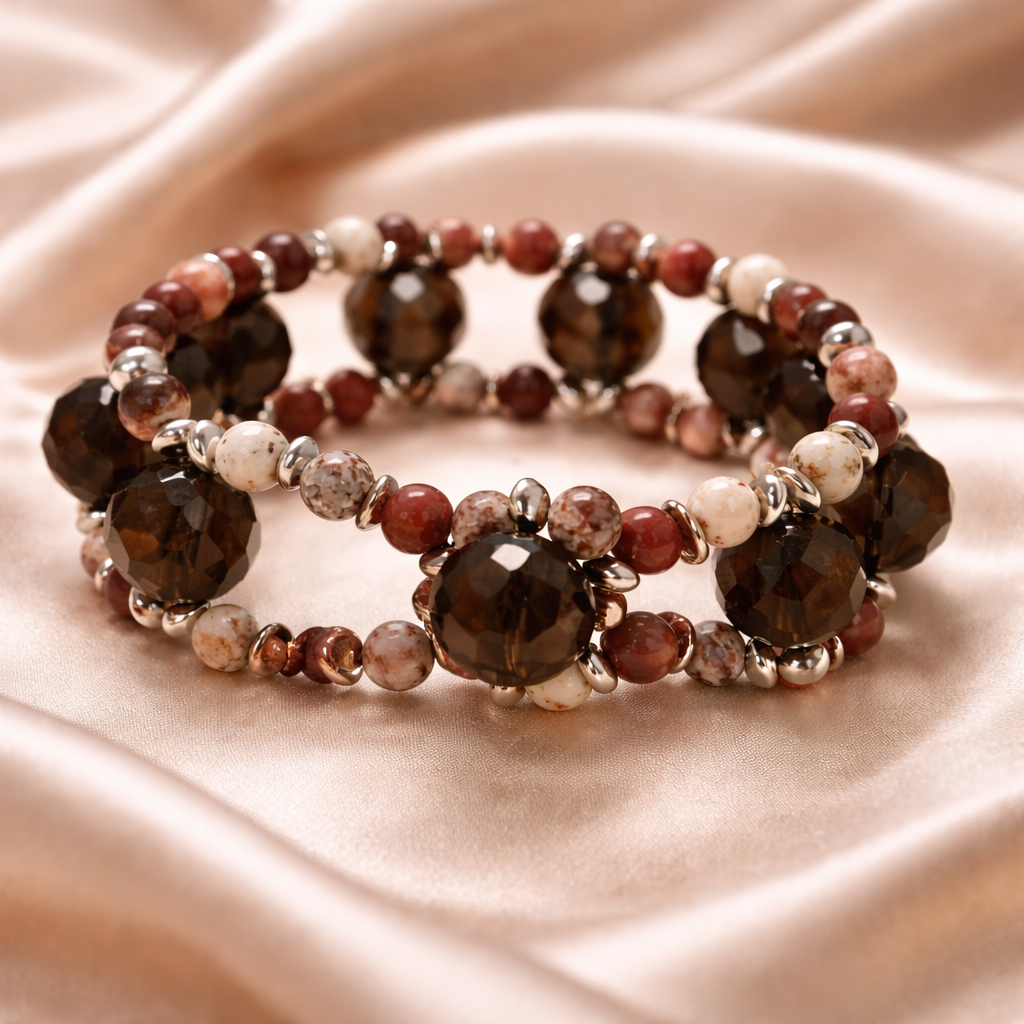 A beaded bracelet with large dark brown faceted beads, smaller reddish-brown and white marbled beads, and silver spacer beads, resting on a satin fabric background.